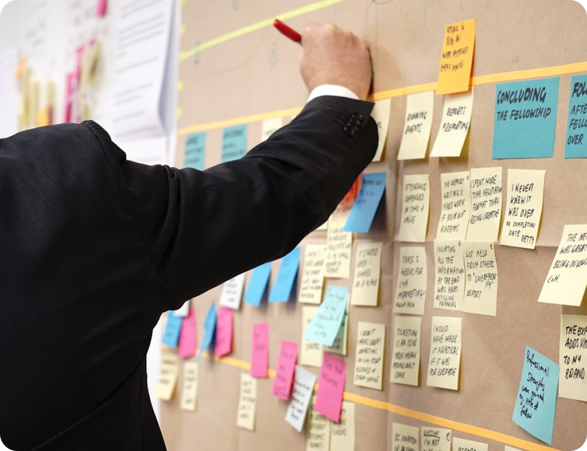 Strategisk planering med post-it lappar för SymbiTech - workshop ledd av Berrycloud Consulting för att utveckla affärsmodell inom cirkulär ekonomi